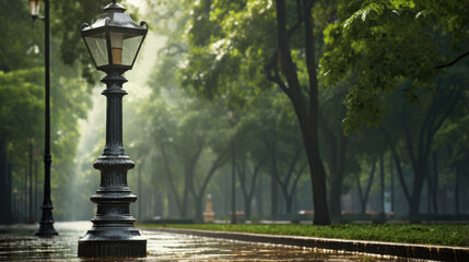 A lamp post in the middle of a park, its light shining through the rain - obrazy, fototapety, plakaty