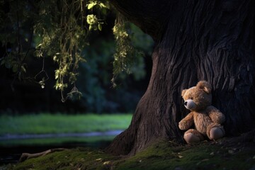 a bear toy leaning against a tree trunk in the moonlit park