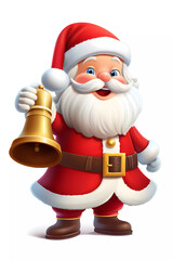 3D Cartoon-Style Illustration of a Christmas Santa Claus Character with bell. Isolated on a white background. Cute character for holiday projects.