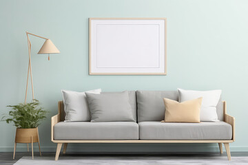 Stylish Scandinavian Living Room With Mint Sofa And Mockup Poster Mockup . Сoncept Scandinavian Design Trends, Mint-Colored Furniture, Alternative Wall Decor, Minimalist Living Room Vibes