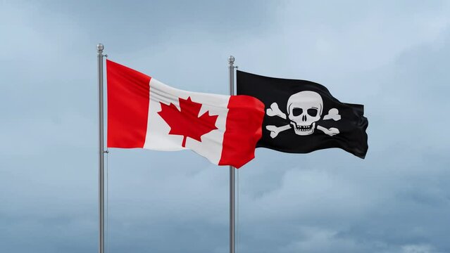 Canada flag and Jolly Roger or pirate flag waving together on cloudy sky, endless seamless loop