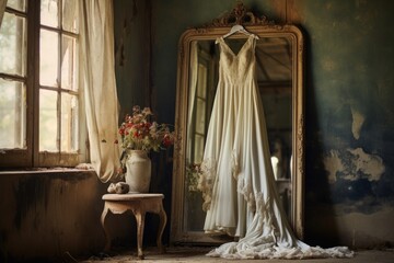 wedding dress on hanger reflected in a vintage mirror