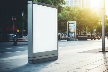 Vertical Blank Billboard At City Bus Stop, Sunny Summer Day Mockup . Сoncept Bus Stop Advertising, Outdoor Advertising, Summer Promotion, Mockup Design - obrazy, fototapety, plakaty