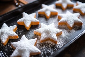 Obraz na płótnie Canvas close-up of sugar-dusted, star-shaped cookies on a baking tray