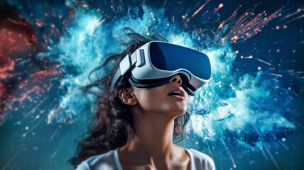 woman wearing virtual digital headset, concept of Metaverse VR virtual reality game playing