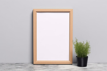 Wooden Frame With Poster Mockup On White Floor In Rendering Mockup.