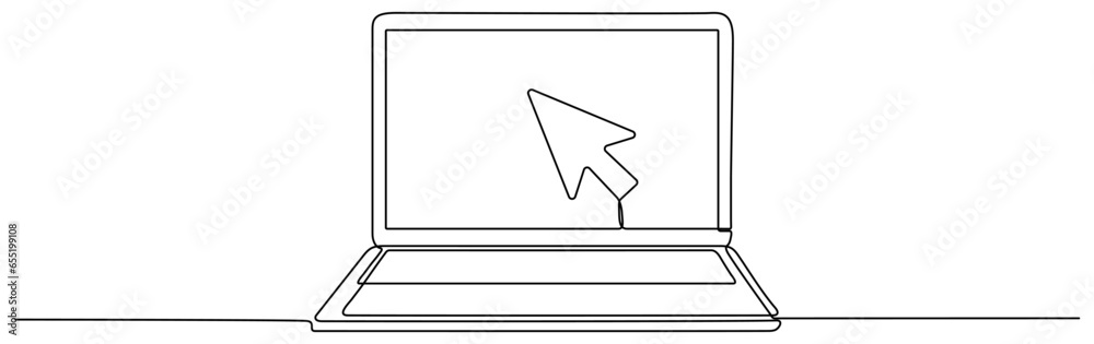 Poster laptop with mouse cursor continuous line drawn. arrow pointer linear symbol. vector illustration iso