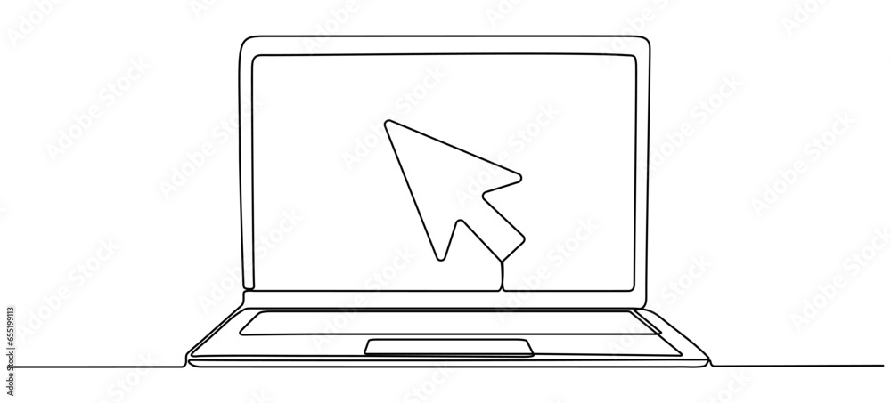 Poster laptop with mouse cursor continuous line drawn. arrow pointer linear symbol. vector illustration iso