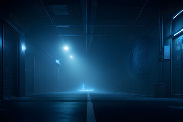 Night road in a tunnel with lights and fog. 3d rendering