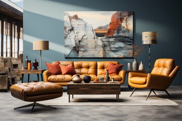 modernist living room 70's style - obrazy, fototapety, plakaty