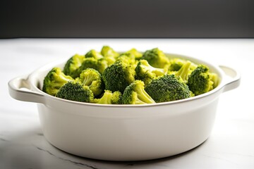 steamed broccoli in a white serving bowl - obrazy, fototapety, plakaty