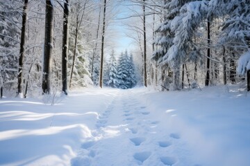 snowy footprints leading towards a forest trail