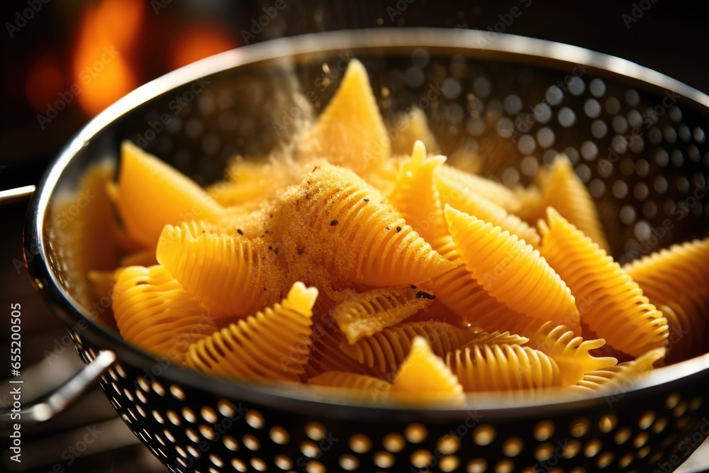 Sticker macro shot of gluten-free pasta in a strainer