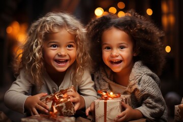 children on christmas night opening santa claus' presents
 - obrazy, fototapety, plakaty
