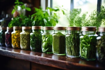 close-up of assorted herbs inside of glass jars - obrazy, fototapety, plakaty