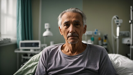an old man in a hospital bed - obrazy, fototapety, plakaty