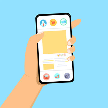 Hand holds smartphone on blue background, cell phone with message, icons application and emoji, social media network and internet digital marketing concept. Vector flat cartoon illustration.