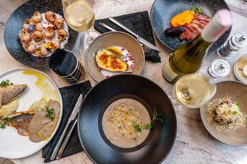  Set of seafood dishes, Mediterranean menu.