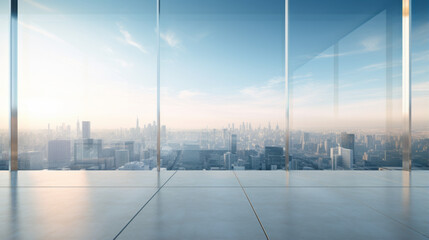 A large pane of glass stands at the edge of the room overlooking the cityscape below The glass is clear without a single blemish or scratch on it