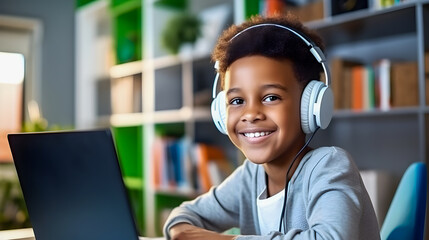 Adorable African American child boy in big white headset sitting at the desk and learning online using his laptop.
