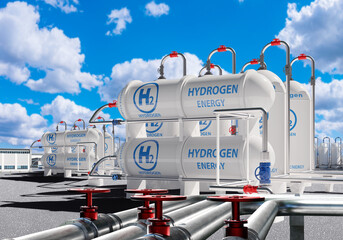 Hydrogen energy. Reservoirs with h2 gas. White high-pressure tanks on territory of factory....