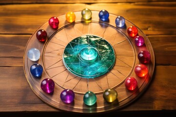 crystal grid layout on a wooden surface