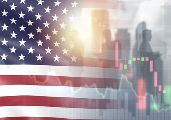 US financial market. American flag. Economic graphs. Investor silhouettes. Traders from USA....