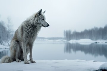 submissive posture of a wolf against a snowy backdrop