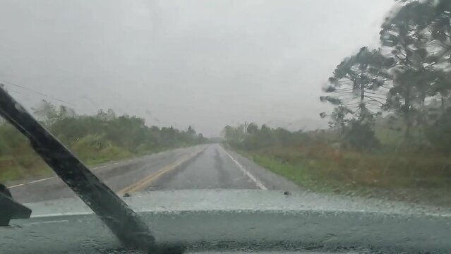 Driving on the road in thunderstorms.