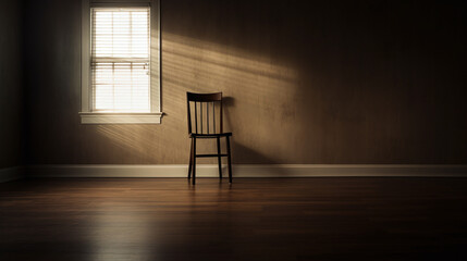 Sun-kissed chair in a dark empty room