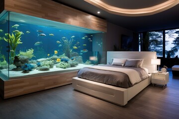 modern bedroom with a large fish aquarium