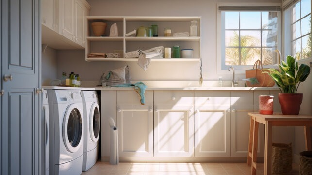 A laundry room with built-in cabinets, a folding area, and a utility sink 