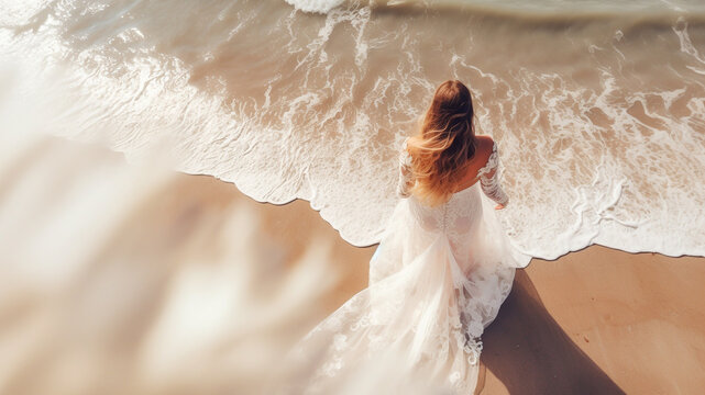 Creative wedding photography. Portrait of bride in white wedding dress standing on a beach by the sea, taken from above, top view.  AI generative.