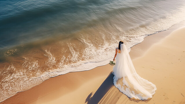 Creative wedding photography. Portrait of bride in white wedding dress and long veil standing on a beach by the sea, taken from above, top view.  AI generative.