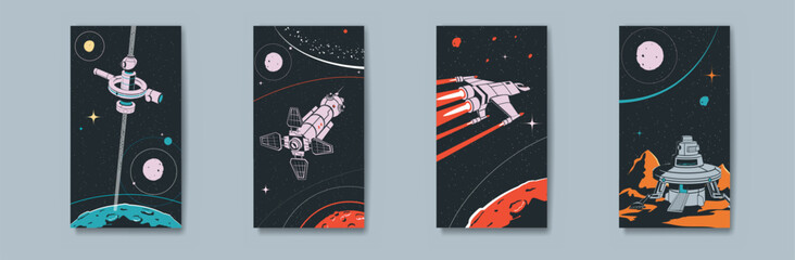 Space posters. Retro spacecraft. Cosmic rockets orbit flight. Vintage spaceship and galaxy drawing. Sky planets. Universe landscapes. Shuttle discovery. Vector illustration banners set © Natalia