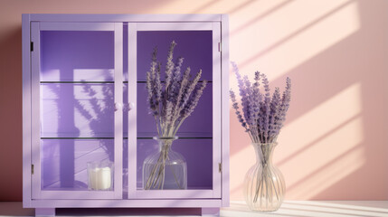 A lavender shelf, lined with an assortment of knick-knacks