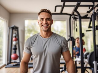 Fototapeta na wymiar Smiling Portrait of a Happy Man in the Gym,Fitness Enthusiast,Home Workout,Active Lifestyle,Smiling Man, Sports