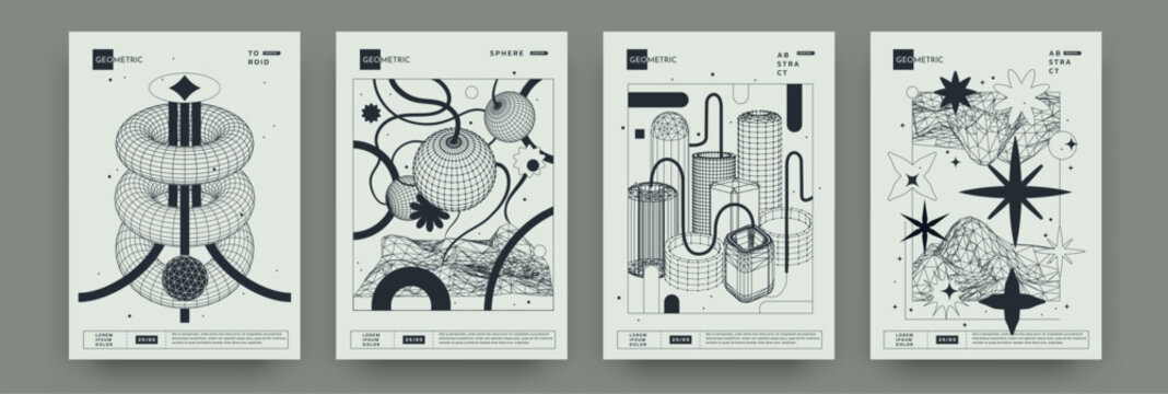 Retro posters. Space shapes. Monochrome elements. Abstract grid and pattern figures. Line torus or cylinder. Spheres composition. Geometry wireframe. Vector 3D exact design banners set