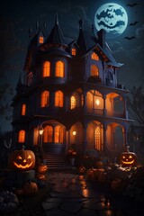 Fototapeta na wymiar Halloween night with a spooky house and bats, Halloween pumpkin head jack lantern with burning candles, Halloween landscape