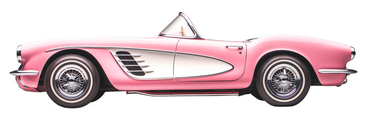 Pink convertible car from popular movie side view, png without background. High quality car for photo zone or montage. - obrazy, fototapety, plakaty