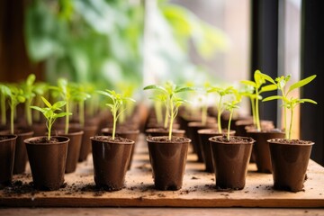 a row of seedlings in small pots