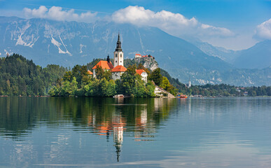Lake Bled (Blejsko jezero) Slovenia. Beautiful mountain lake with small Pilgrimage Church. Most...