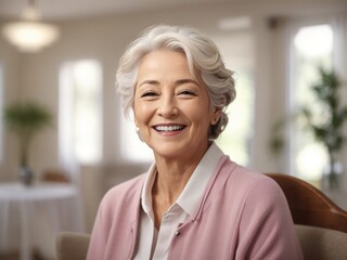 Fototapeta premium Smiling Portrait of a Happy Senior Woman in a Nursing Home,Joyful Senior Living,Aging Gracefully,Elderly Well-Being,Senior Contentment,Nursing Home Residence