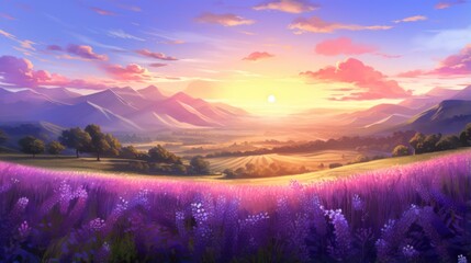 Sunrise Over the Lavender Fields, Purple Hues Blanketing the Rolling Hills Game Art