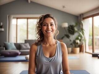 Smiling Portrait of a Happy Woman in Her Yoga Studio,Inner Peace,Holistic Wellness,Mindful Living,Tranquil Serenity