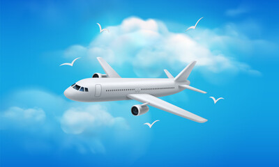 Fototapeta na wymiar 3D plane flight. Sky transportation. Passenger aviation. Bag and ticket for air fly. Airliner fuselage and birds. Vacation or airport poster. Traveling exact concept. Vector background