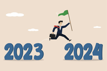 Business prospects in 2024, planning or preparation, vision of future success, new year achievement targets, smart business people jumping from 2023 to 2024. Illustration of a successful businessman.