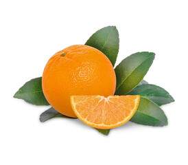 Fresh orange with leaves isolated on transparent background (.PNG)