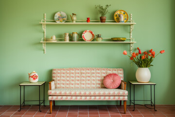Open shelving set against pastel green walls, paired with a patterned settee. Vintage charm in a bright garret