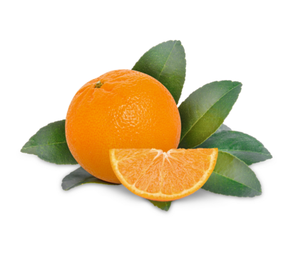 Fresh orange with leaves isolated on transparent background (.PNG)